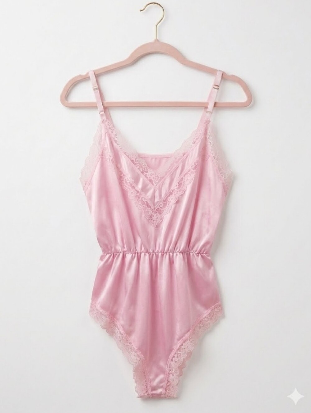 Deena Vintage 80s Women's Pink Lace Trim Nylon Satin Teddy Lengerie Sz M